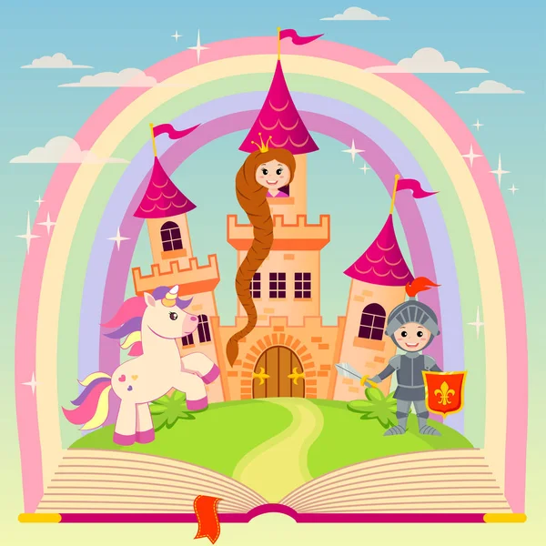 Libro Cuentos Hadas Con Castillo Princesa Caballero Unicornio Arco Iris — Vector de stock