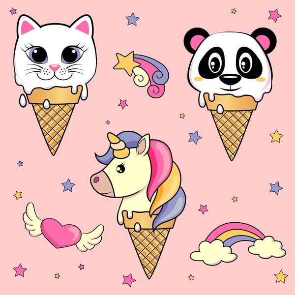 Conjunto Lindo Helado Dibujos Animados Con Unicornio Gato Panda — Vector de stock