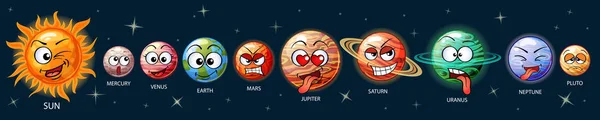 Niedliche Emoji Planeten Des Sonnensystems Sonne Quecksilber Venus Erde Mars — Stockvektor