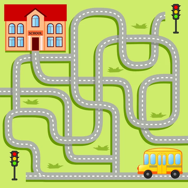 Help School Bus Find Path School Labyrinth Maze Game Kids — Stock Vector