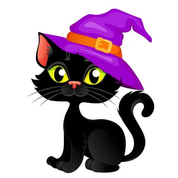 Χαριτωμένα Κινούμενα Σχέδια Απόκριες Μαύρη Γάτα Στο Καπέλο — Διανυσματικό Αρχείο