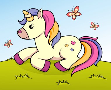 Sevimli çizgi tek boynuzlu at. Vektör çizim