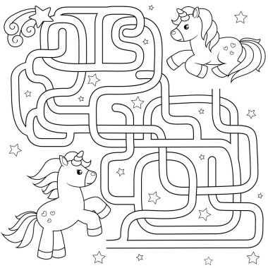 Tek boynuzlu at arkadaş yolu bulun yardımcı olur. Labirent. Maze oyunu çocuklar için. Boyama kitabı için siyah ve beyaz vektör çizim