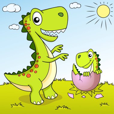 Sevimli çizgi dinozor ve onun yuva küçük dino ile