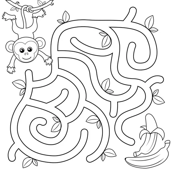 Help Monkey Find Path Banana Labyrinth Maze Game Kids Black — Stock Vector