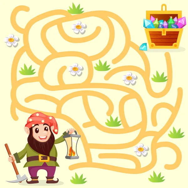 Gnome の宝箱へのパスを見つけるを助けます 迷路ゲーム子供のため — ストックベクタ