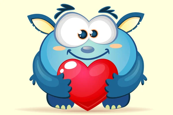 可爱的卡通蓝色怪物与心脏 — 图库矢量图片