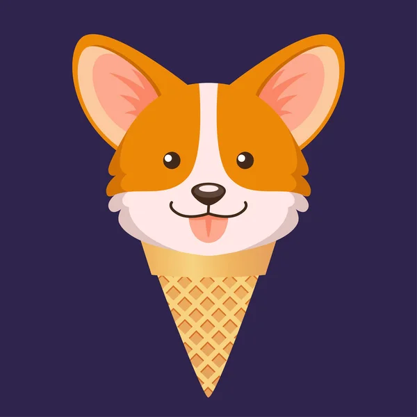 Corgi Ijs Schattige Puppy Cartoon Een Wafel Kegel — Stockvector