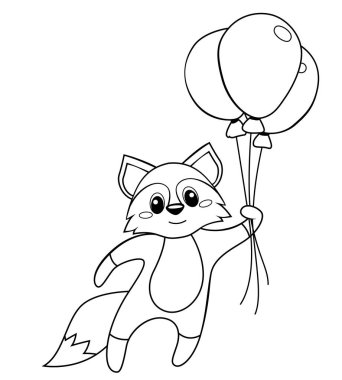 Balon ile uçan sevimli küçük tilki. Boyama kitabı için siyah ve beyaz vektör illüstrasyon