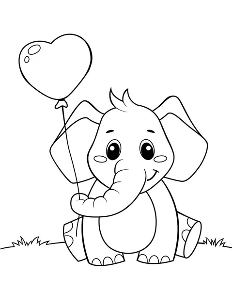 Lindo Elefante Sosteniendo Globo Forma Corazón Ilustración Vectorial Blanco Negro — Vector de stock