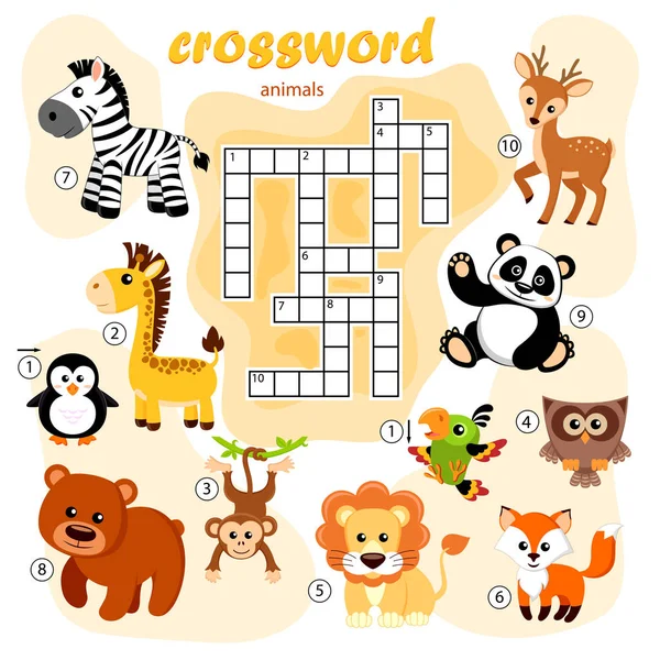 Kreuzworträtsel Spiel Der Tiere Panda Fuchs Hirsch Bär Eule Giraffe — Stockvektor