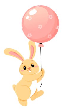 Pembe balon ile uçan sevimli küçük tavşan