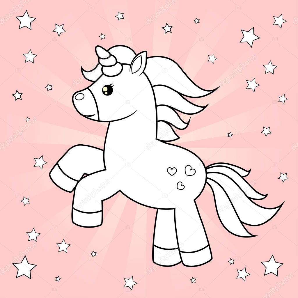 Cute cartoon unicorn. Black and white vector illustration for coloring book on pink background