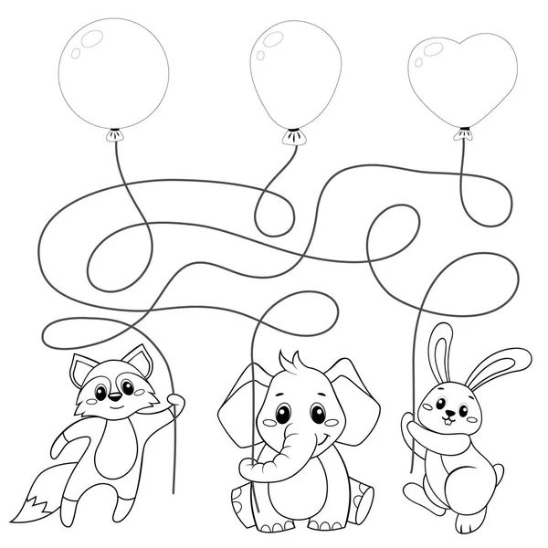 Dieren Vliegen Met Ballonnen Puzzel Doolhof Spel Voor Kinderen Vinden — Stockvector
