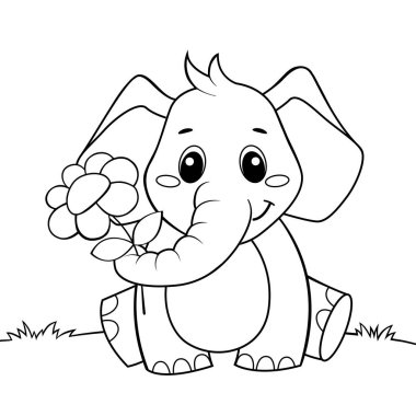 Çiçek ile sevimli karikatür fil. Boyama kitabı için siyah beyaz vektör illüstrasyon