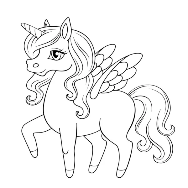 Fairy Tale Pegasus Pony Princess Unicorn Black White Vector Illustration — Stock Vector