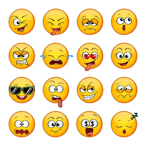 Emoji Emoticons Χαριτωμένο Κινούμενα Σχέδια Στρογγυλά Πρόσωπα Διαφέρων Συναίσθημα — Διανυσματικό Αρχείο