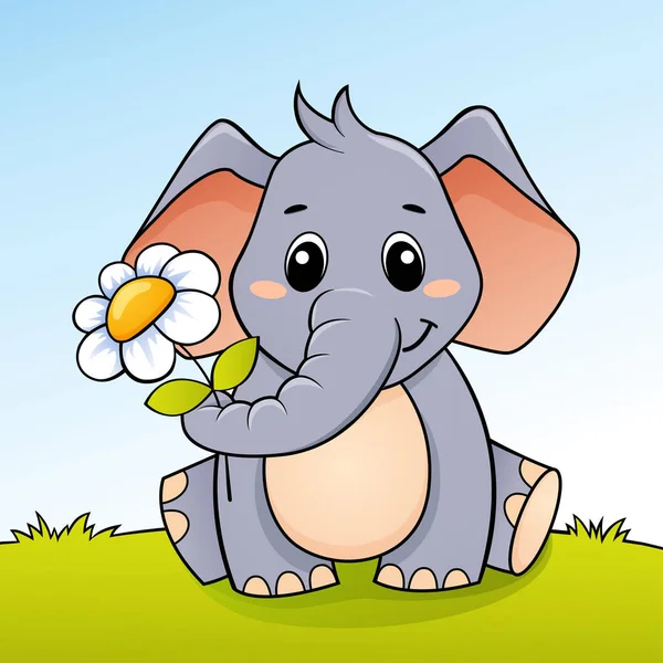 Schattige Cartoon Olifant Met Bloem — Stockvector