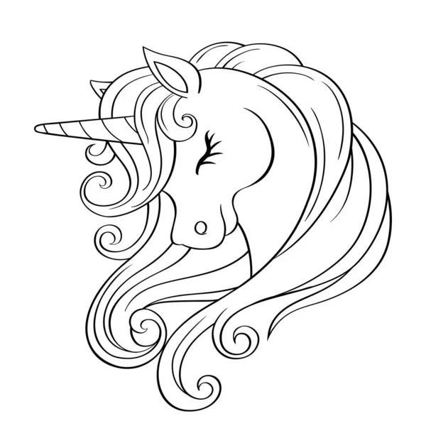 Cute Cartoon Unicorn Head Rainbow Mane Black White Vector Illustration — Stock Vector