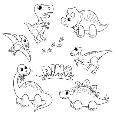 Çizgi film dinozorları seti. Sevimli dino. Boyama kitabı için siyah beyaz vektör illüstrasyon