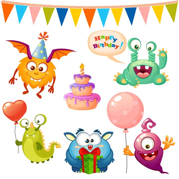 Zestaw Cute Monster Kreskówki Szczęśliwy Urodziny Monsters Impreza — Wektor stockowy