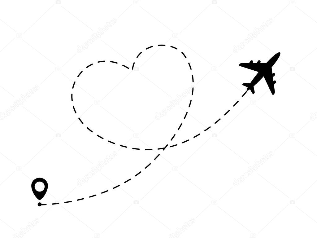 Airplane line path in heart form. Romantic and love travel concept