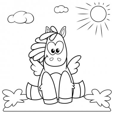 Çayır üzerinde oturan sevimli karikatür midilli. Boyama kitabı için siyah ve beyaz illüstrasyon