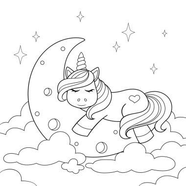 Bulutlar ay üzerinde uyuyan sevimli karikatür Unicorn. Boyama kitabı için siyah ve beyaz illüstrasyon