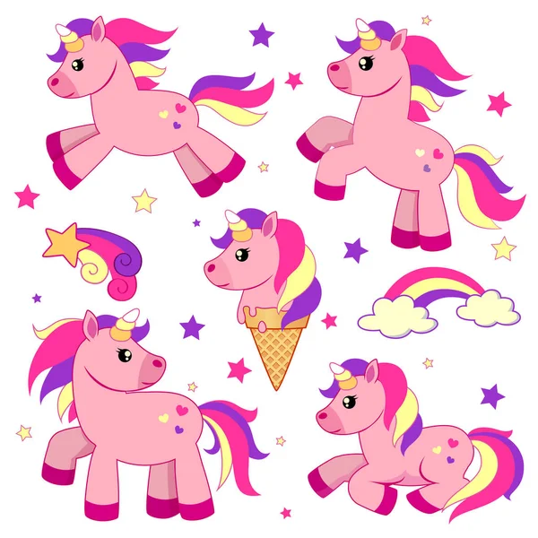 Conjunto Lindos Unicornios Dibujos Animados Aislados Fondo Blanco — Vector de stock