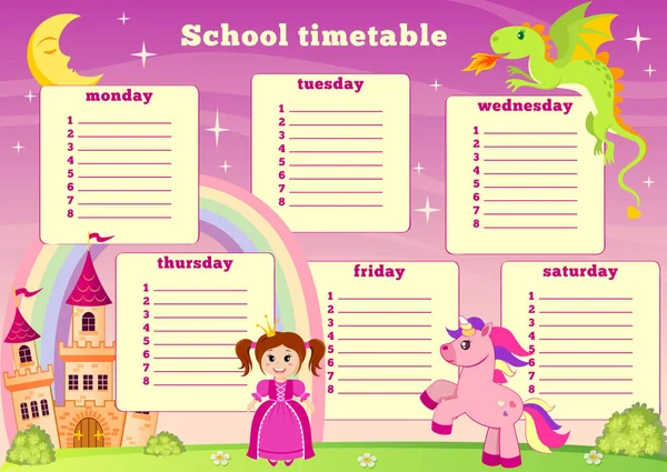 学校时间表与童话公主 独角兽 彩虹和龙 返回学校 — 图库矢量图片