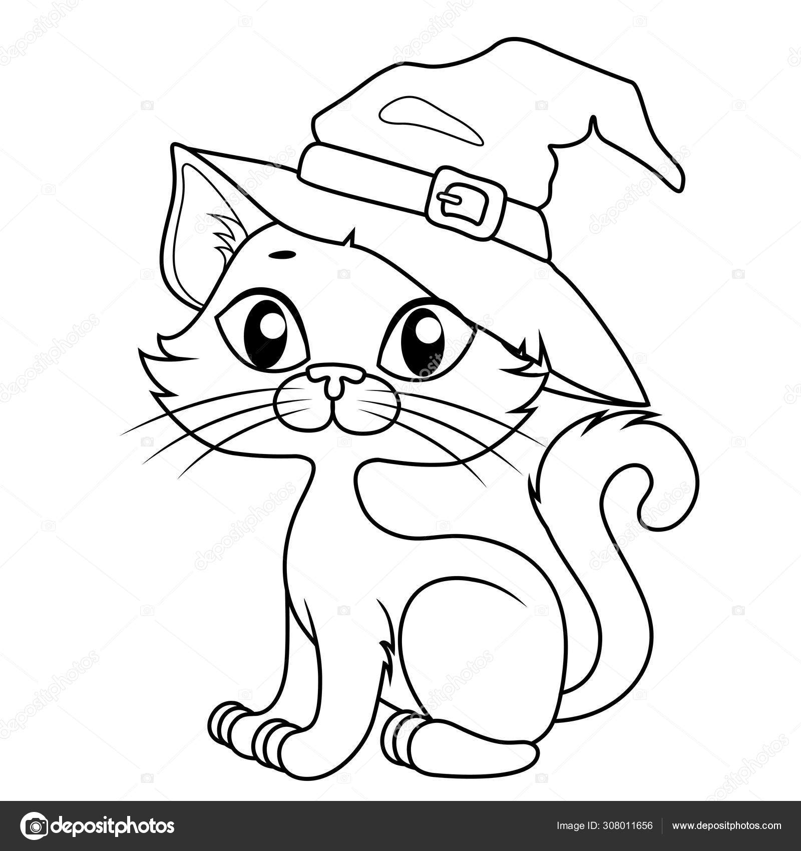 Cute Cartoon Halloween Cat Halloween Hat Black White Vector Cute Cartoon Halloween Cat Halloween Hat Black White Vector