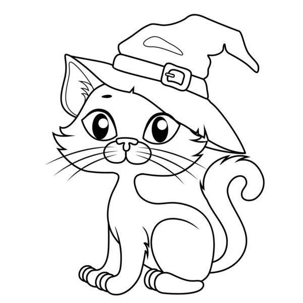 Lindo Gato Halloween Dibujos Animados Sombrero Halloween Ilustración Vectorial Blanco — Vector de stock