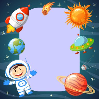 Alan teması ile çerçeve. Astronot, Dünya, Satürn, Ufo, roket, kuyruklu yıldız, sputnik ve yıldızlar. Kozmik arka plan