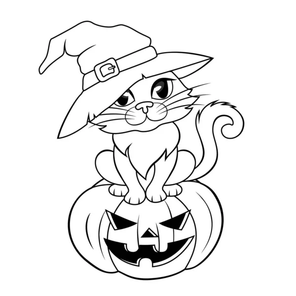 万圣节猫在女巫帽子坐在万圣节南瓜 着色书的黑白插图 — 图库矢量图片