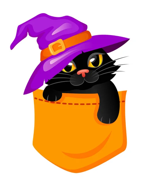 Gato Bolsillo Con Sombrero Bruja Estampado Halloween Con Gatito Para — Vector de stock