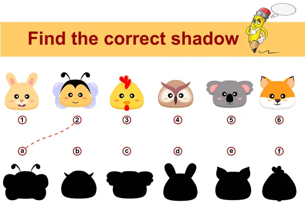 Hitta Rätt Skugga Barnens Pedagogiska Spel Djurhuvud Kanin Kyckling Uggla — Stock vektor