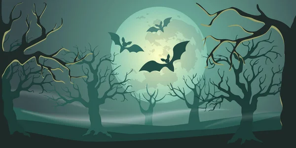 Fondo Halloween Con Bosque Luna Murciélagos — Archivo Imágenes Vectoriales