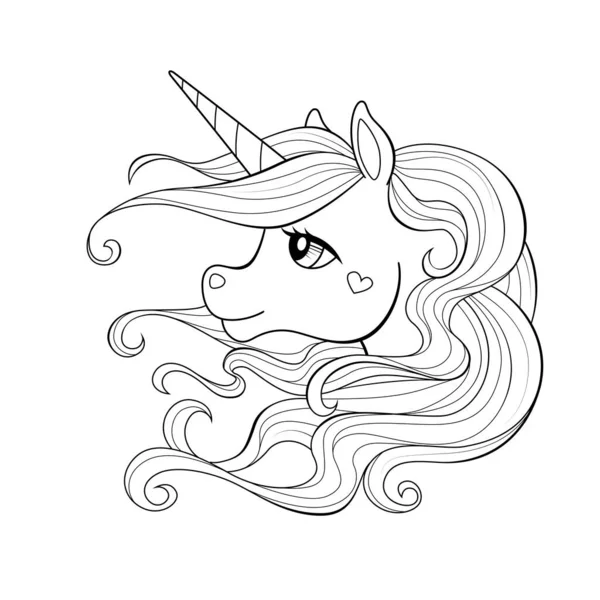 Cute Cartoon Unicorn Head Long Mane Black White Vector Illustration — Stock Vector