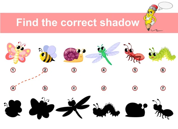 Hitta Rätt Skugga Barnens Pedagogiska Spel Insekter Fjäril Myra Snigel — Stock vektor