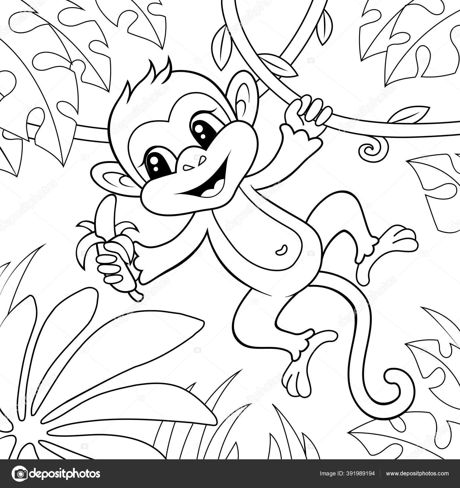 Sød Lille Abe Med Banan Sort Hvid Vektor Illustration Til Stock-vektor ...