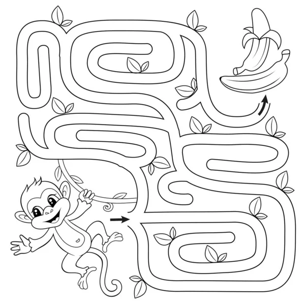 サルのバナナへのパスを見つけるのに役立ちます 迷宮だ 子供の迷路ゲーム 塗り絵のための黒と白のベクトルイラスト — ストックベクタ
