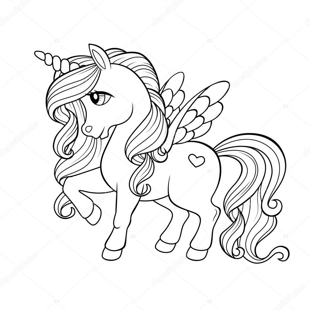 ✓ Cute cartoon pegasus. Pony princess. Unicorn. Black and white ...