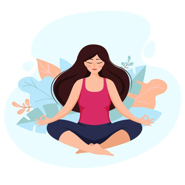 Beautiful Girl Yoga Lotus Position Young Woman Practice Meditation — Stock Vector