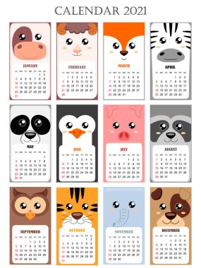 Takvim 2021 inek, domuz, koyun, tilki, zebra, panda, penguen, rakun, baykuş, kaplan, fil, köpek