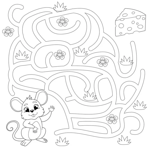 マウスの頬へのパスを見つけるのに役立ちます 迷宮だ 子供の迷路ゲーム 着色本のためのベクトル黒と白のイラスト — ストックベクタ