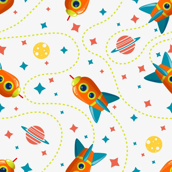 Seamless cosmic pattern with rocket, saturn, moon and star. Space pattern on white background