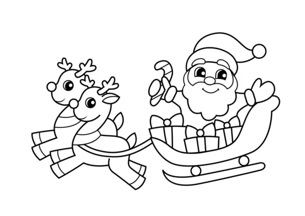 圣诞老人带着礼物和驯鹿坐雪橇飞行 圣诞节和新年图解 彩色书籍的黑白矢量图解 — 图库矢量图片