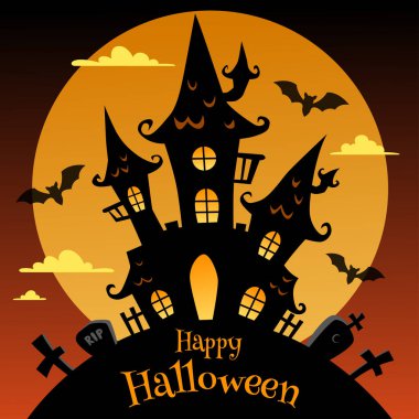 Mutlu Cadılar Bayramı. Kara Kale, Ay ve Yarasa ile arka plan