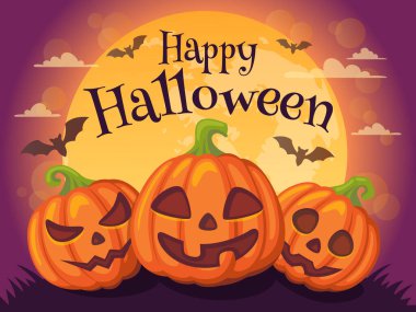 Mutlu Cadılar Bayramı. Balkabaklı bayrak, ay ve yarasa