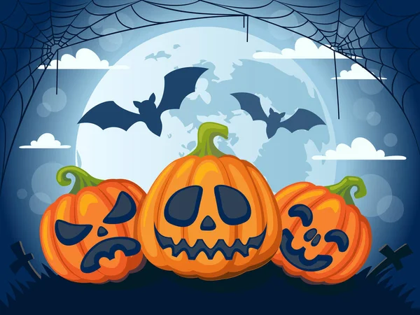 Halloween Background Moon Pumpkins Bats Web — Stock Vector